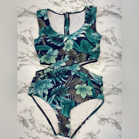 Other - Floral Tropical Green One-Piece Swimsuit side cutouts Size Large